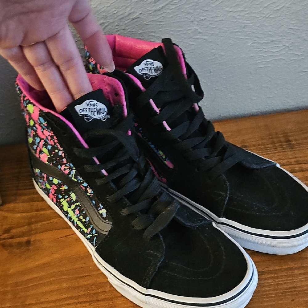Vans Black High-Top Sneakers with Neon Pink, Yellow & Green Splatter